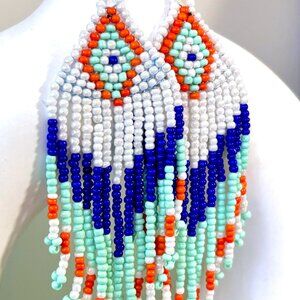Southwestern Diamond Hand Beaded Orange Blue Teal Tassel Dangle Earrings New